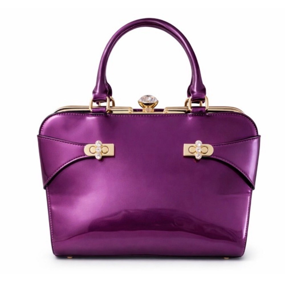 Brangio of Italy Purple Patent Leather Glam Gold Frame Rhinestone Top Handle Bag